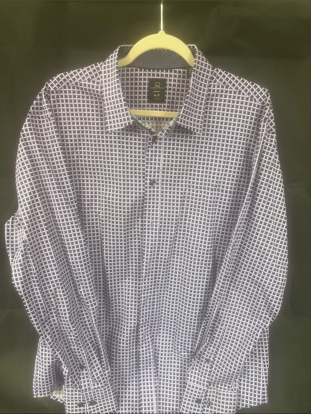 Men's Long-Sleeve Navy Grid Dress Shirt - Unbranded